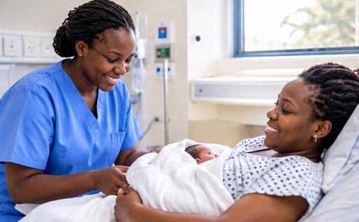 Midwife with mother and newborn at NQHS